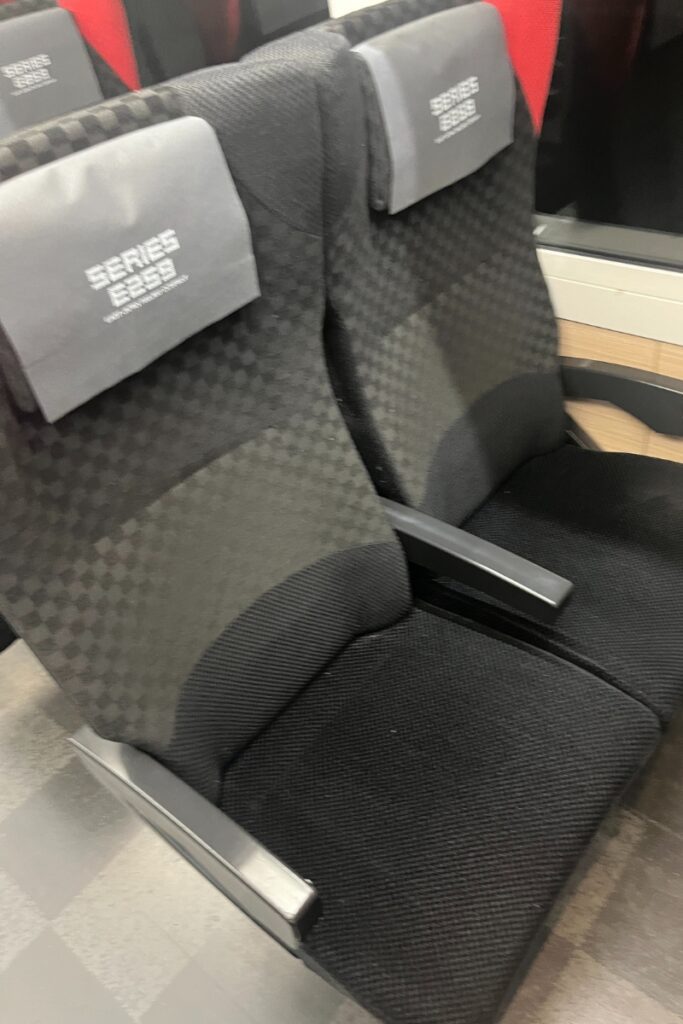 Close-up view of two adjacent seats in a Narita Express train's ordinary car, upholstered in black fabric with a subtle checker pattern and labeled "Series E259" on the headrests.