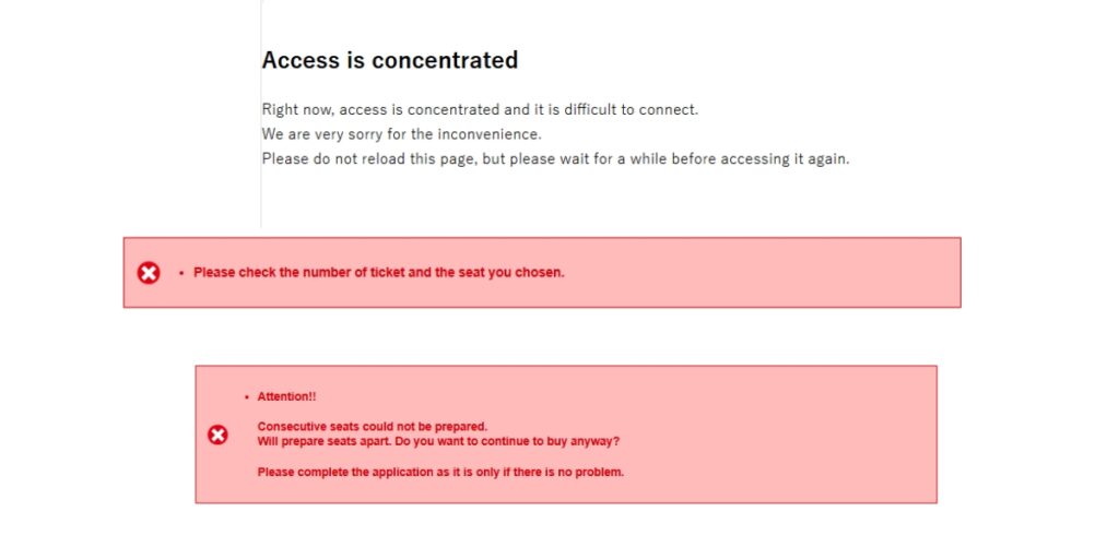 Screenshot from the eTix ticket booking system displaying error messages during a high-traffic period. Messages indicate difficulty connecting due to concentrated access, a prompt to check selected ticket and seat numbers, and a warning that consecutive seats could not be arranged, asking users if they want to proceed with separate seats.