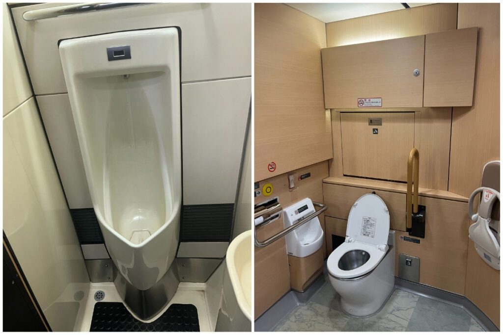 Interior view of the toilet facilities on the Narita Express, showing a modern men's urinal on the left and a spacious accessible toilet with handrails, a baby seat, and a bidet-style toilet on the right.