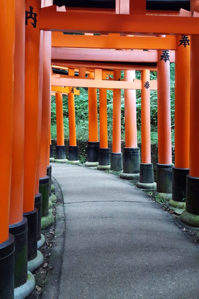 A winding stone path passes beneath a dense series of vibrant vermilion torii gates at Fushimi Inari Shrine in Kyoto, creating a tunnel-like corridor that weaves through lush greenery on the sacred Mount Inari.