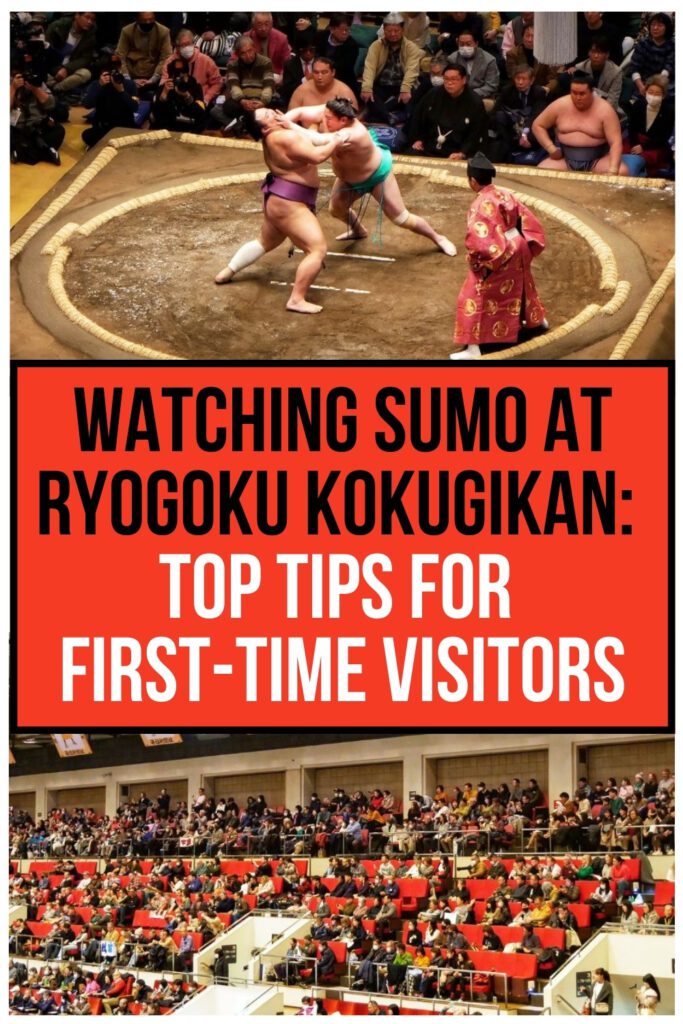 A promotional graphic titled “Watching Sumo at Ryogoku Kokugikan: Top Tips for First-Time Visitors,” featuring two photos below the header. The left image shows a sumo match in action with two wrestlers locked in a grapple in the ring, surrounded by spectators. The right image displays rows of red stadium seats filled with audience members inside the arena.