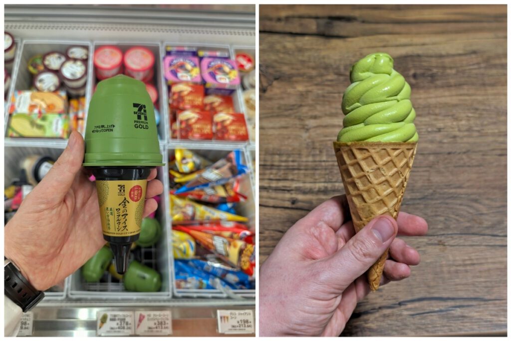 Two images of a 7-Eleven Japan matcha ice cream cone. The left shows the ice cream in its sealed green and black “7 Premium Gold” packaging held in front of a freezer display. The right shows the unwrapped cone, with creamy green tea soft serve swirled neatly into a waffle cone, held over a wooden surface.