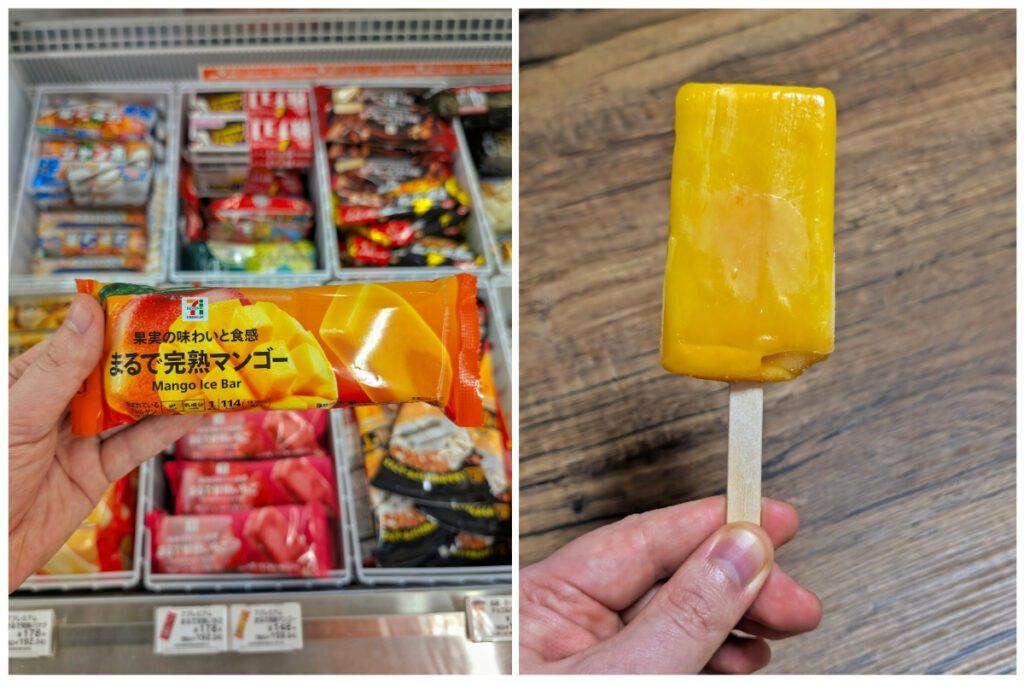 Two images of a 7-Eleven Japan frozen treat. The left shows a hand holding a bright orange package labeled “Mango Ice Bar” with images of ripe mango slices in front of a freezer display. The right shows the unwrapped rectangular mango popsicle on a wooden stick, held over a wooden surface.