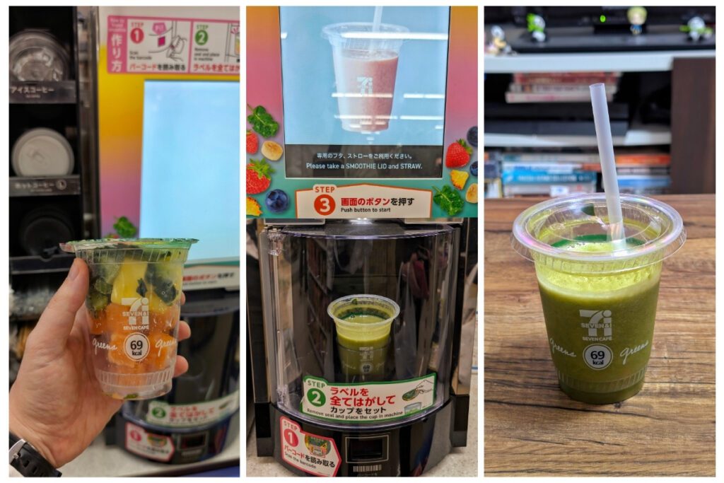 Three images showing the process of making a 7-Eleven Japan smoothie. The left shows a hand holding a clear cup filled with frozen fruit pieces labeled “69 kcal.” The middle shows the cup inside a smoothie machine blending the ingredients, with instructions displayed on the screen. The right shows the finished green smoothie in the same cup with a straw, ready to drink.