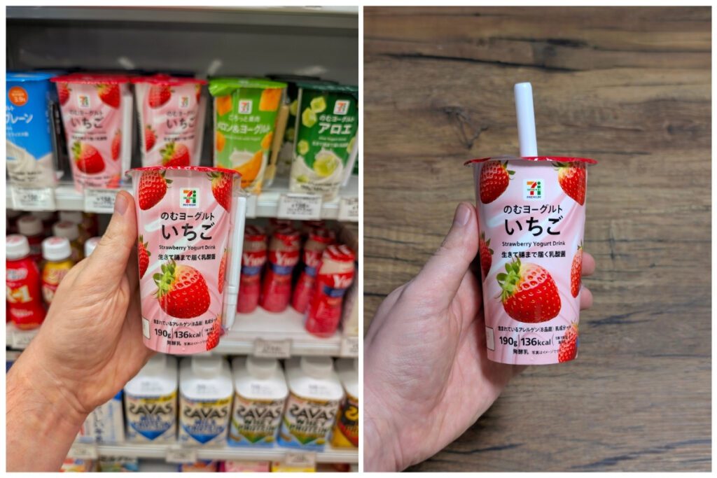 Two images of a 7-Eleven Japan strawberry yogurt drink. The left shows a hand holding the pink cup with strawberry graphics in front of a refrigerated store shelf. The right shows the same drink with a straw inserted, held over a wooden surface.
