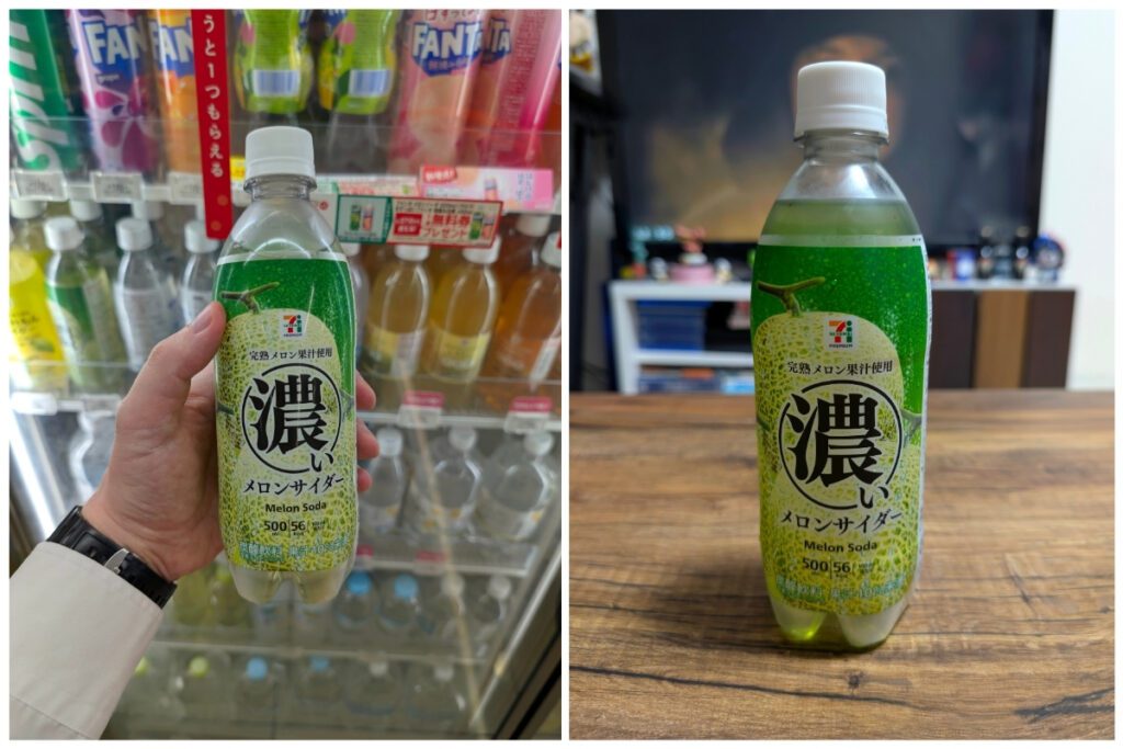 Two images of a 7-Eleven Japan melon soda. The left shows a hand holding the green-labeled plastic bottle in front of a refrigerated display case. The right shows the same bottle placed on a wooden surface at home, with a TV in the background.