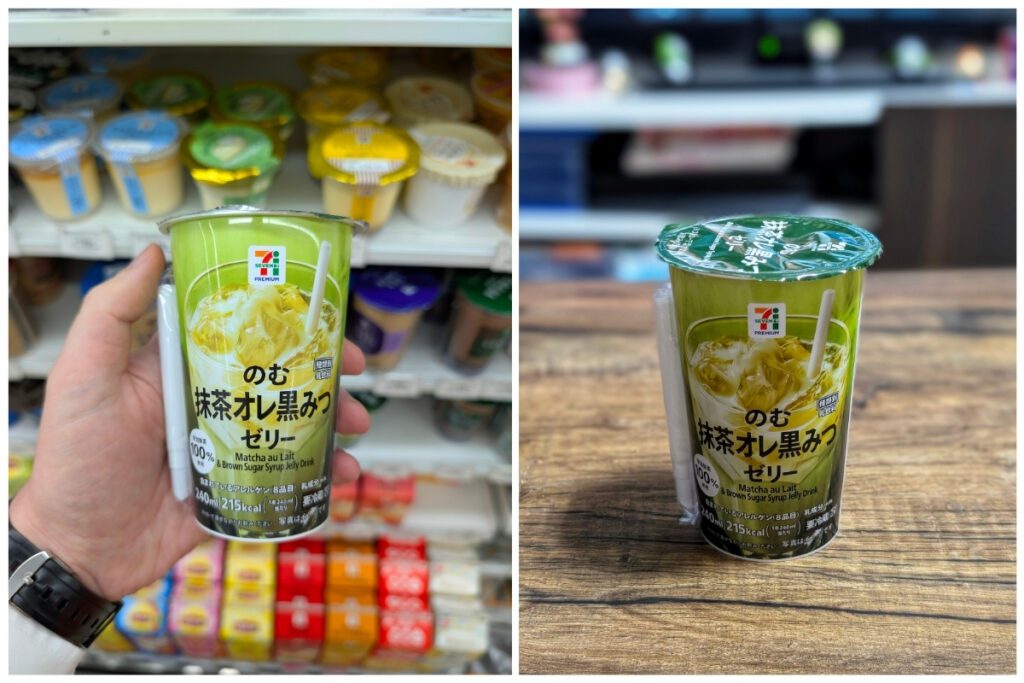 Two images of a 7-Eleven Japan drink. The left shows a hand holding a green cup labeled “Matcha au Lait & Brown Sugar Syrup Jelly Drink” in front of a refrigerated store shelf. The right shows the same unopened drink placed on a wooden surface at home.
