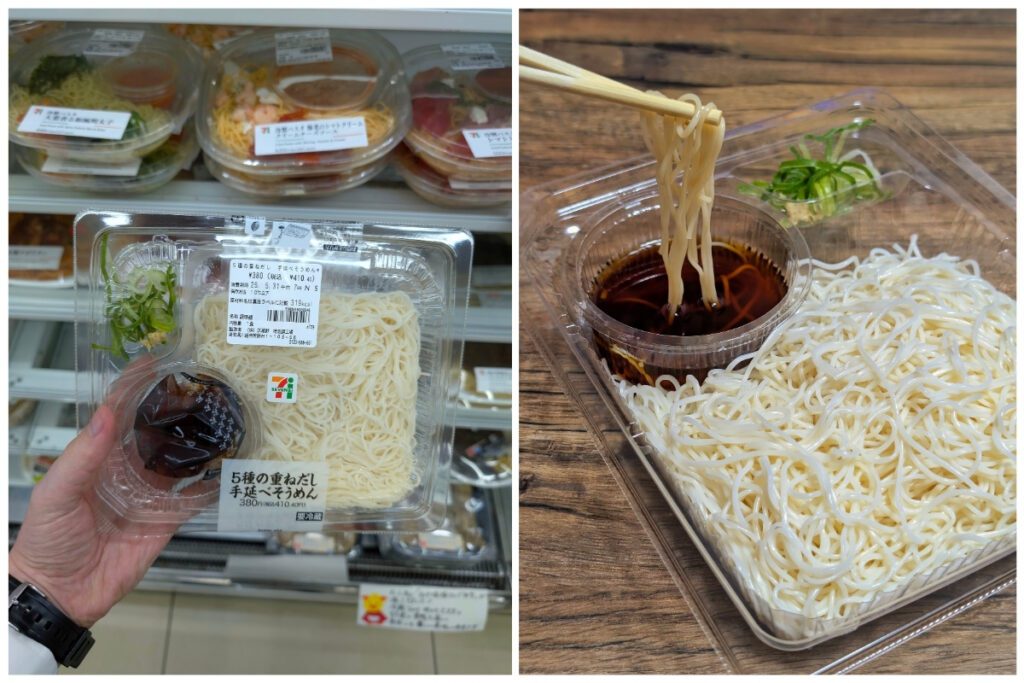 Two images of a 7-Eleven Japan cold noodle meal. The left shows a packaged tray of somen noodles with dipping sauce and sliced green onions. The right shows the meal opened, with chopsticks dipping noodles into the soy-based broth beside the garnish.