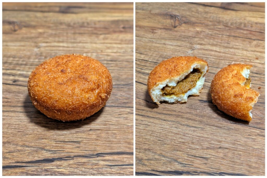 Two images of a Japanese curry bread (kare pan) on a wooden surface. The left shows the whole golden-brown, breaded bun, while the right shows it cut open to reveal a savory curry filling inside the fluffy bread.