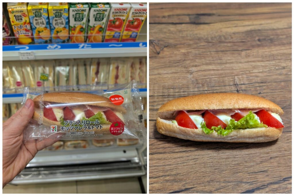 Two images of a 7-Eleven Japan sandwich roll. The left shows a hand holding the packaged “Tomato, Mozzarella, Pork Ham & Basil” sandwich in front of a refrigerated shelf. The right shows the unwrapped sandwich on a wooden surface, filled with fresh tomato slices, mozzarella cheese, lettuce, and ham inside a wheat roll.