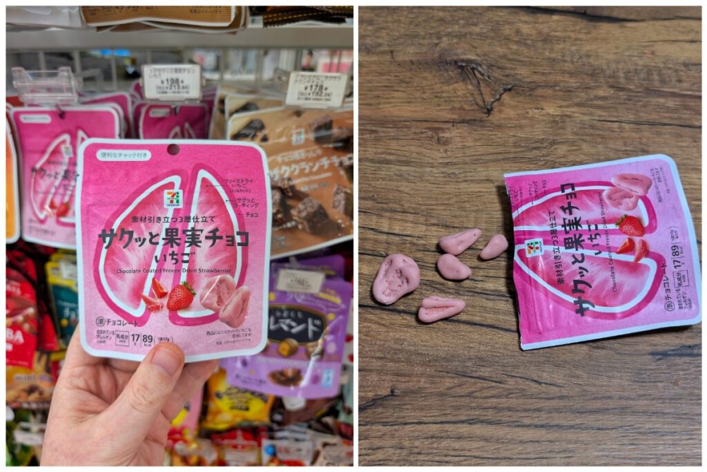 Two images of a 7-Eleven Japan snack. The left shows a hand holding a pink bag of “Chocolate Coated Freeze Dried Strawberries” in front of a store display. The right shows the opened bag on a wooden surface with several pink chocolate-coated strawberry pieces scattered beside it, one split open to reveal the dried fruit inside.