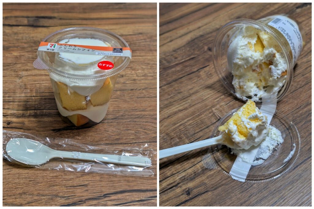 Two images of a packaged dessert from 7-Eleven Japan. The left shows a sealed clear cup labeled “Fluffy Cream Chiffon” priced at 370 yen, filled with layers of sponge cake and whipped cream, alongside a wrapped plastic spoon. The right shows the opened cup tipped over on a wooden surface, with a spoonful of cake and cream scooped out.