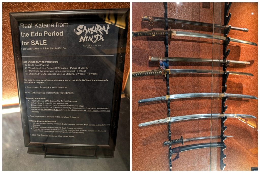 Two images showcasing real Edo-period katanas for sale at the Samurai Ninja Museum Tokyo. The left image shows an informational sign detailing the sword purchase process, shipping policies, and historical significance. The right image displays several polished katanas with ornate handles arranged vertically inside a glass case against a textured brown background.
