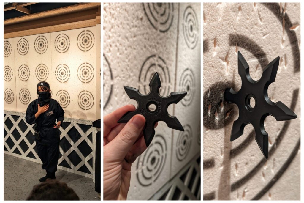 Three side-by-side images showing a ninja-themed shuriken throwing activity. The left image features an instructor in black ninja attire speaking in front of a wall covered with circular target patterns. The middle shows a hand holding a black six-pointed shuriken in front of the targets, and the right is a close-up of the shuriken embedded in the target board.