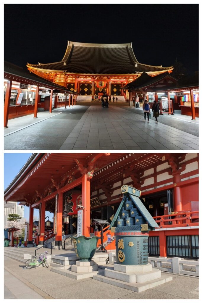 Three images of Tokyo Skytree in different settings. The top shows the tower during the day alongside modern buildings, including the Asahi Beer Hall with its golden flame sculpture, viewed from across the river. The bottom left captures the Skytree illuminated at night, reflecting in a canal. The bottom right presents a close-up of the tower framed by pink cherry blossoms.