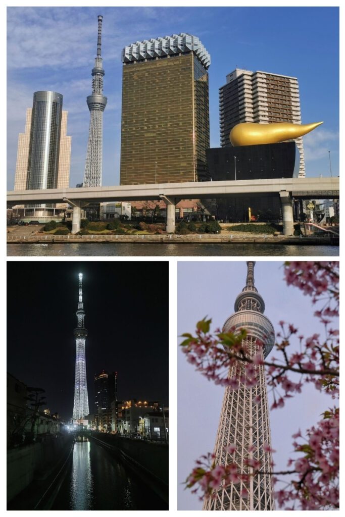 Three images of Tokyo Skytree in different settings. The top shows the tower during the day alongside modern buildings, including the Asahi Beer Hall with its golden flame sculpture, viewed from across the river. The bottom left captures the Skytree illuminated at night, reflecting in a canal. The bottom right presents a close-up of the tower framed by pink cherry blossoms.