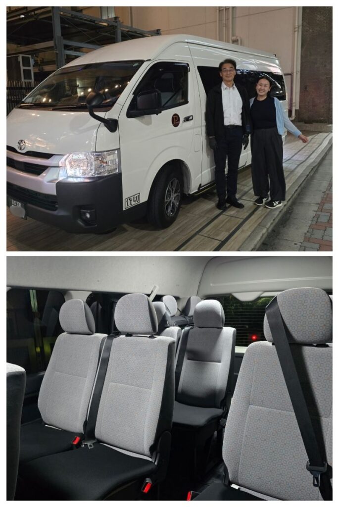 Two images of a white Hiace Grand Cabin. The top image shows the van parked on a street at night with two people standing and smiling beside it. The bottom image shows the van’s interior, featuring multiple rows of gray fabric seats with headrests and seatbelts, arranged to accommodate several passengers.