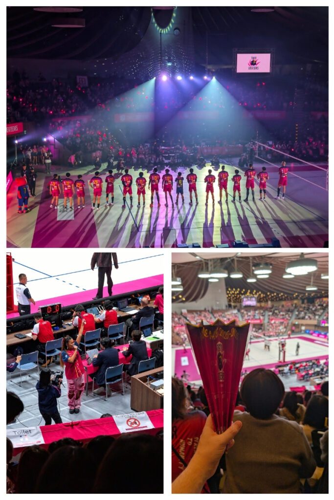 A collage of three images from a Tokyo Great Bears volleyball match at Yoyogi National Stadium Second Gymnasium: the top shows the full team lined up under dramatic lighting during the player introduction ceremony; the bottom left captures the officials' table and the crowd hype person; and the bottom right features a fan holding up a maroon Tokyo Great Bears cheer cone in the stands, with the packed arena and court visible in the background.
