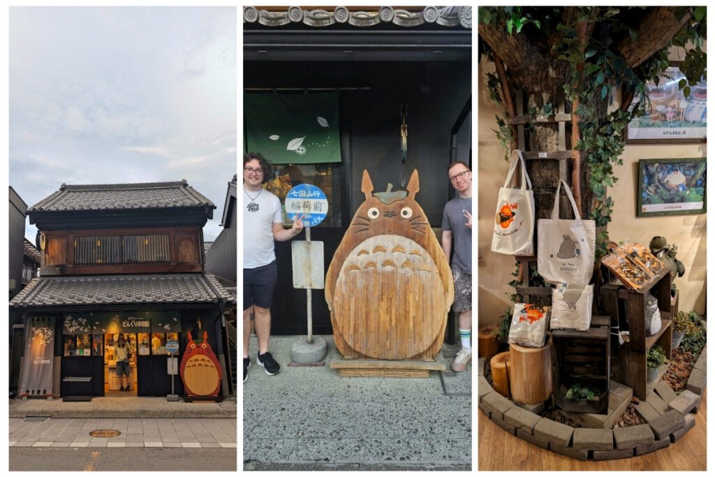 A collage of three images from the Donguri Republic (Studio Ghibli) store in Kawagoe: the left image shows the store’s traditional Japanese exterior with a Totoro figure at the entrance; the center features two visitors posing with a large wooden Totoro cutout next to a replica bus stop sign; and the right displays a whimsical indoor setup with Totoro merchandise, including tote bags and plush toys, arranged around a faux tree.