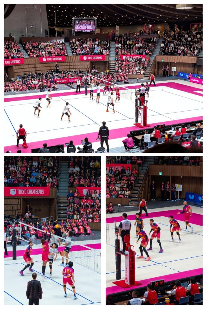A collage of three images from a Tokyo Great Bears volleyball match at Yoyogi National Stadium: the top image captures a wide view of the court and stands filled with cheering fans as the match unfolds; the bottom left shows an intense moment at the net with players from both teams jumping for the ball; and the bottom right focuses on the Tokyo Great Bears team preparing to receive a serve while fans in red fill the background.