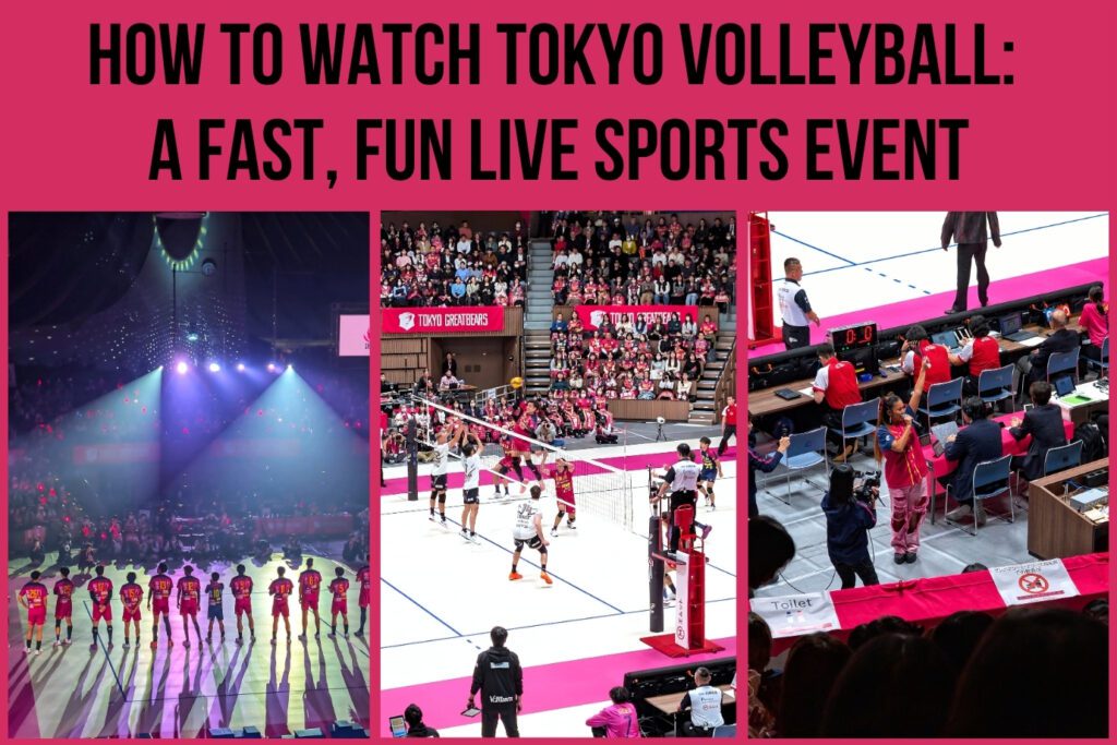 A wide horizontal banner promoting how to watch Tokyo volleyball: the headline “HOW TO WATCH TOKYO VOLLEYBALL: A FAST, FUN LIVE SPORTS EVENT” is placed above three photos — a team lineup under spotlights, an aerial court view during play, and a view of officials and audience at the edges of the court.