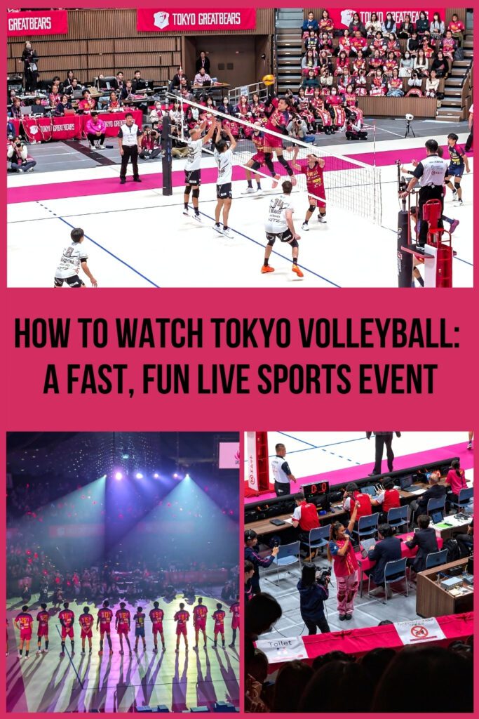 A tall vertical banner titled “HOW TO WATCH TOKYO VOLLEYBALL: A FAST, FUN LIVE SPORTS EVENT” showing three images stacked: top an introduction lineup of players under lighting, middle a live rally mid‑court with players at the net, bottom a close‑up of officials and audience near the court edge.