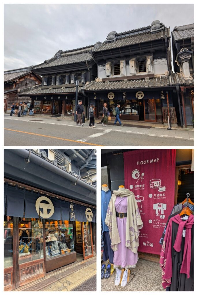 A collage of three images taken along Ichibangai Shopping Street, featuring a traditional Japanese clothing and crafts shop in Kawagoe: the top shows a row of historic kurazukuri-style buildings with dark tiled roofs and wooden storefronts; the bottom left captures a closer view of the shop entrance with navy curtains and displays of textiles; and the bottom right shows a mannequin dressed in a purple kimono-style outfit beneath a floor map banner listing shop sections, including Japan crafts and kimono rentals.