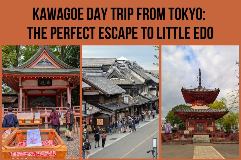A banner-style collage promoting a Kawagoe day trip from Tokyo, with the title “The Perfect Escape to Little Edo” above three images: the left shows visitors at a shrine stage with fish-shaped charms; the center captures a lively street lined with Edo-era warehouse-style buildings; and the right features a red and white pagoda under a partly cloudy sky.