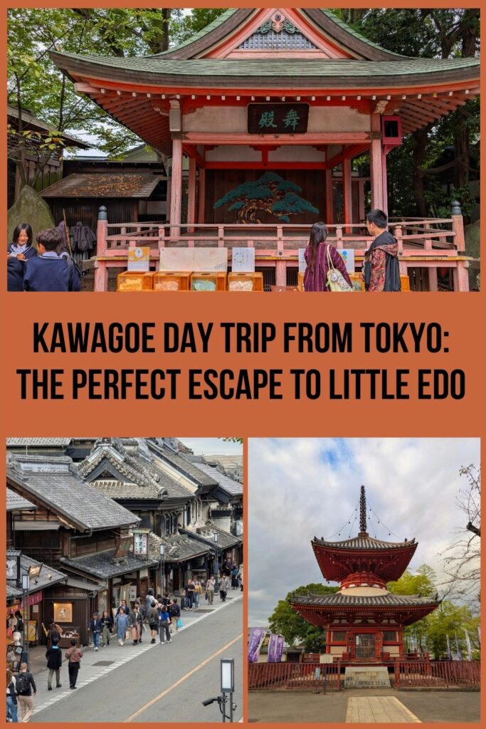 A promotional collage for a Kawagoe day trip from Tokyo article titled “The Perfect Escape to Little Edo,” featuring three images: the top shows a small shrine stage with a pine tree mural and visitors observing charm displays; the bottom left captures a bustling street lined with Edo-period warehouses; and the bottom right highlights a striking red and white pagoda under a cloudy sky.