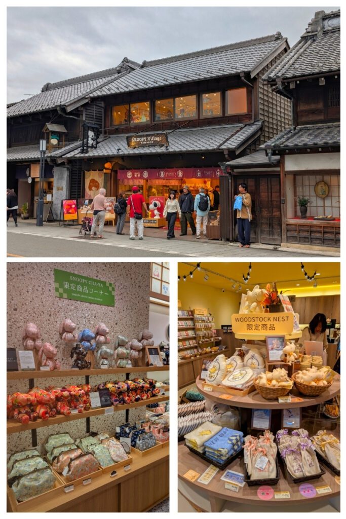 A collage of three images from Snoopy Village in Kawagoe: the top shows the store’s charming traditional exterior with a tiled roof and a crowd gathered outside; the bottom left features shelves of limited-edition Snoopy-themed plush toys and patterned pouches labeled “Snoopy CHA-YA”; and the bottom right displays a round table filled with Woodstock-themed goods, towels, and gift sets under a “Woodstock Nest” sign.