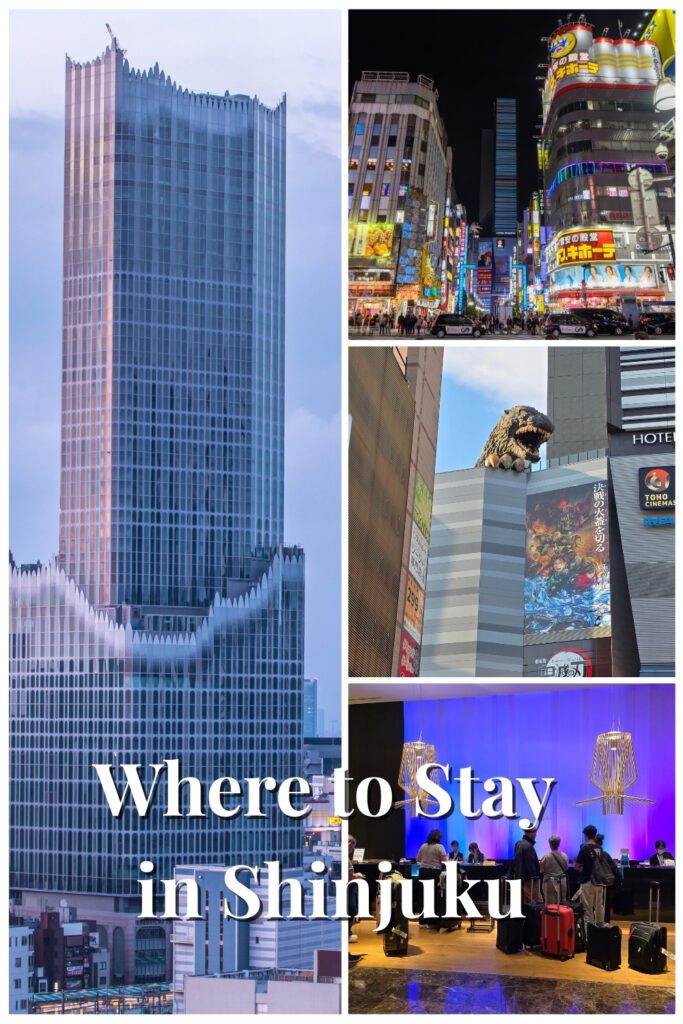 Vertical collage of Shinjuku featuring a modern skyscraper, neon nightlife street, Godzilla head above Toho Cinema, and travelers checking in at a stylish hotel lobby, overlaid text reading โWhere to Stay in Shinjukuโ.
