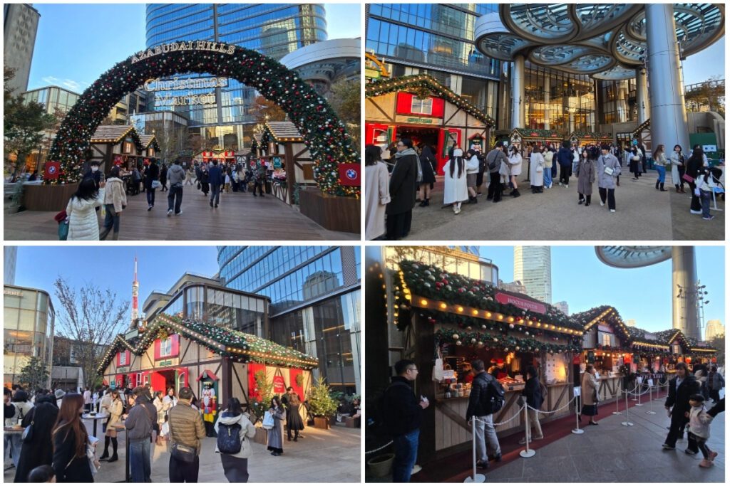 Azabudai Hills Christmas Market with festive arch entrance, wooden stalls, food vendors, and crowds of shoppers beneath Tokyo Tower.