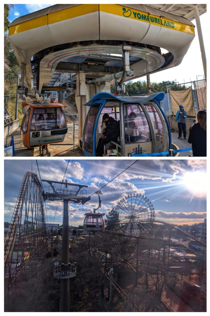 Sky Shuttle gondola boarding at Keio-Yomiuriland Station and aerial views over the theme park with Ferris wheel and coaster.