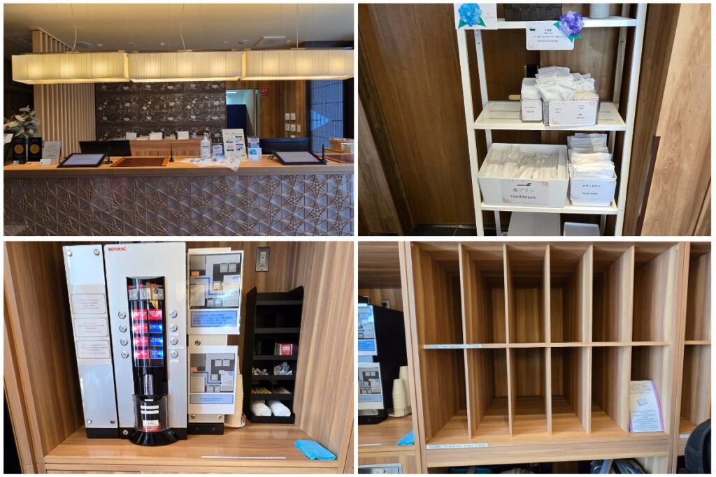 Tosei Hotel Cocone Ueno Okachimachi front reception desk with geometric panel detail, amenities shelf stocked with toothbrushes, drinks machine, and empty pillow library menu unit.