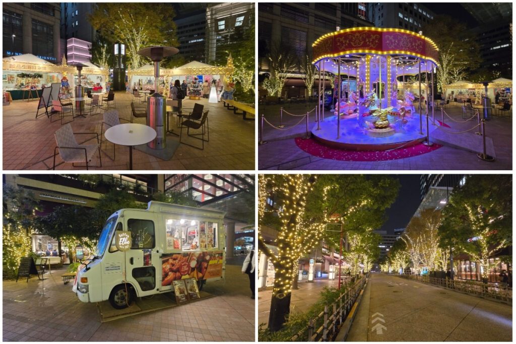 Nihonbashi Christmas market at night with illuminated market stalls, a lit carousel, food truck, and tree-lined street glowing with warm fairy lights.