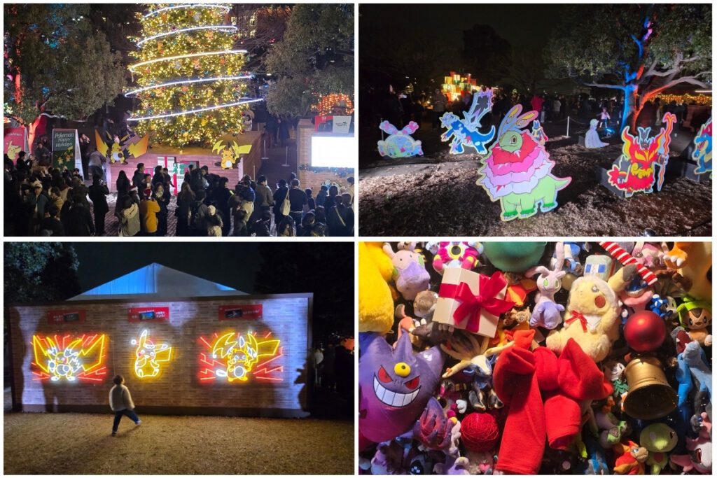 Pokémon Happy Holidays Christmas Village at night with illuminated tree, Pokémon character cutouts, neon Pikachu wall art, and holiday merchandise display.