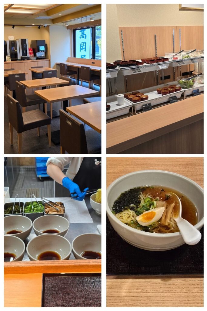 Restaurant Hatago at Dormy Inn Ueno Okachimachi showing the dining room, Japanese breakfast buffet counter, soba preparation station, and a finished bowl of Yonaki soba with egg and toppings.