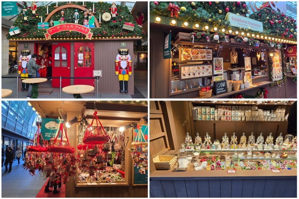 Roppongi Hills Christmas Market stalls with nutcracker decorations, Frankfurter Hausmeister food stand, ornament displays, and hanging Christmas decorations.