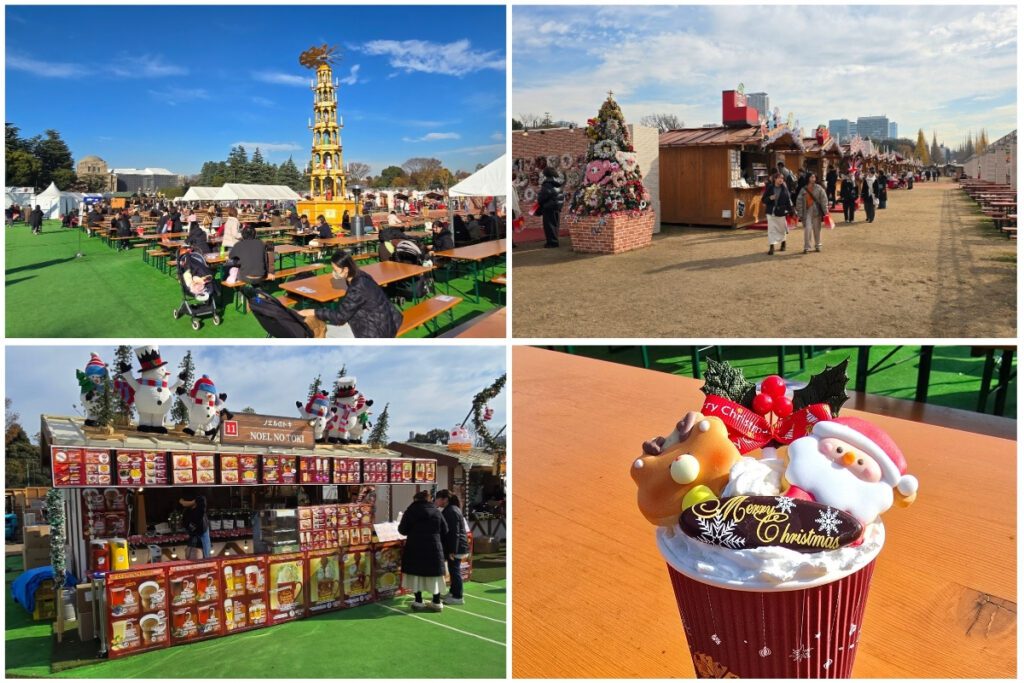 Tokyo Christmas Market in open park with German pyramid tower, wooden food stalls, picnic bench seating, and a festive Santa-topped hot drink cup.