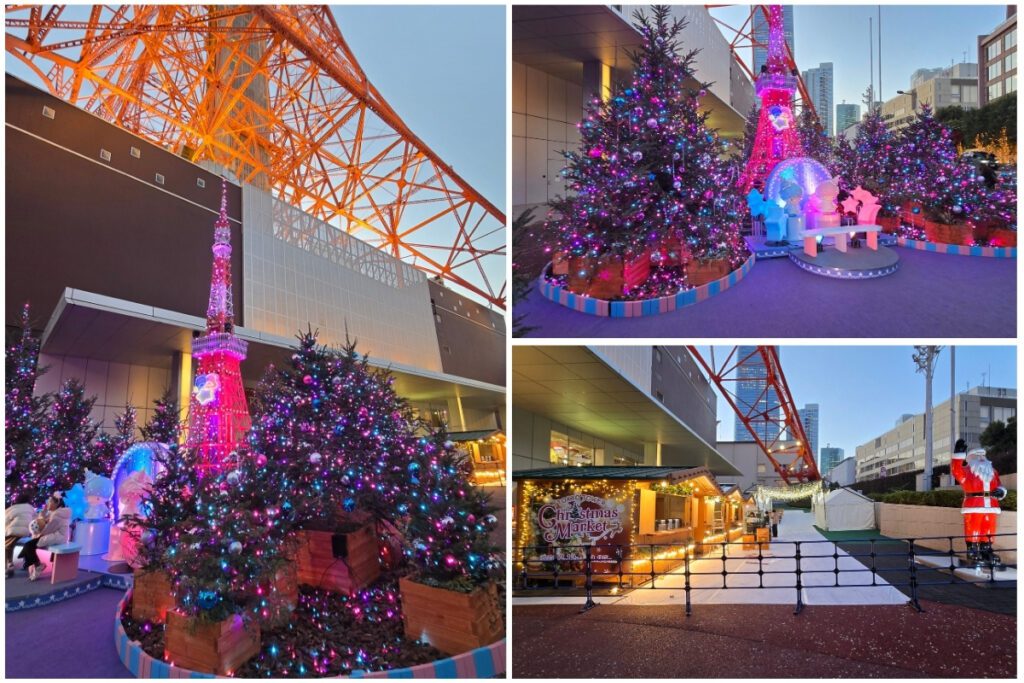 Tokyo Tower Christmas Market at dusk with pink-lit Tokyo Tower, decorated Christmas trees with blue and pink ornaments, and market stalls with large Santa statue.