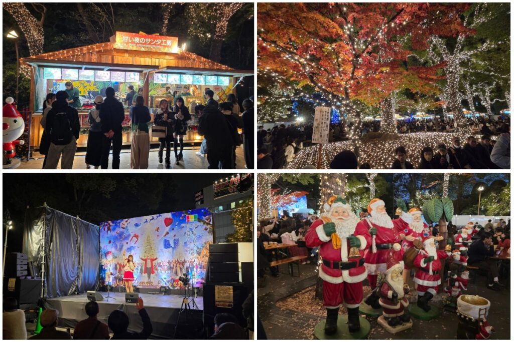 Ueno Christmas Advent market at night with food stalls, illuminated autumn trees, live performance stage, and row of Santa Claus figurines.