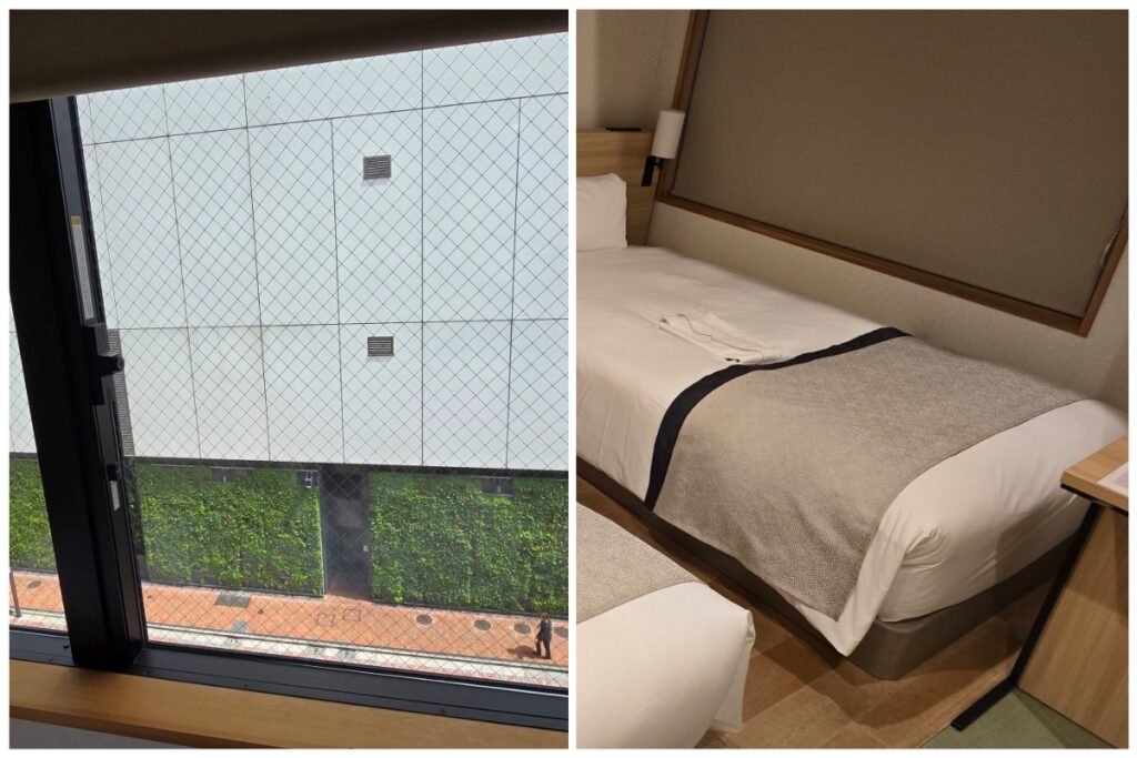 Twin room window at Tosei Hotel Cocone Ueno Okachimachi looking out to an adjacent building with a green ivy wall, beside a view of the same bed with the roller blind fully lowered for privacy.