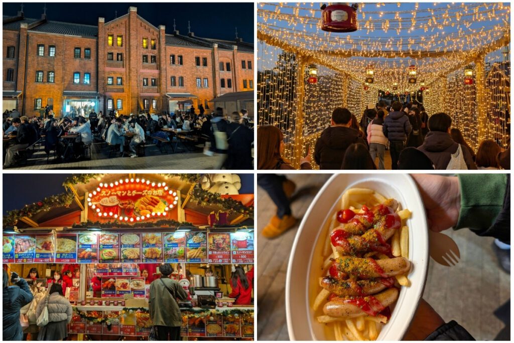 Yokohama Red Brick Warehouse Christmas Market at night with outdoor dining, glowing fairy light tunnel, food stalls, and a plate of sausages with fries.