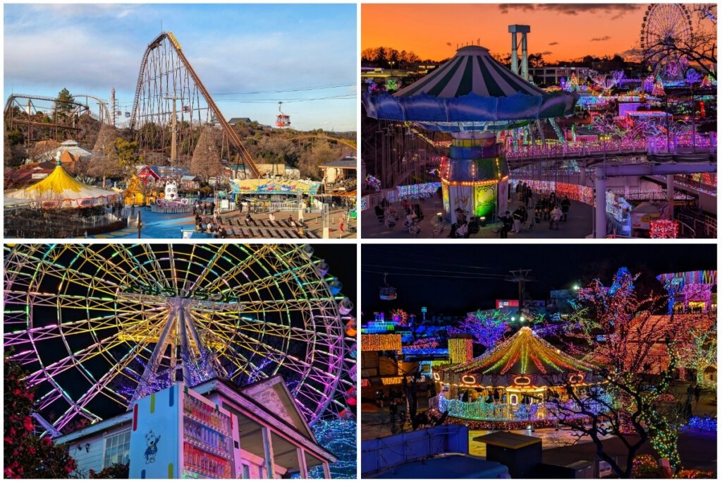 Alt text (118 characters):
Yomiuriland theme park by day showing rollercoaster and rides, and at night with Jewellumination lights and Ferris wheel.
