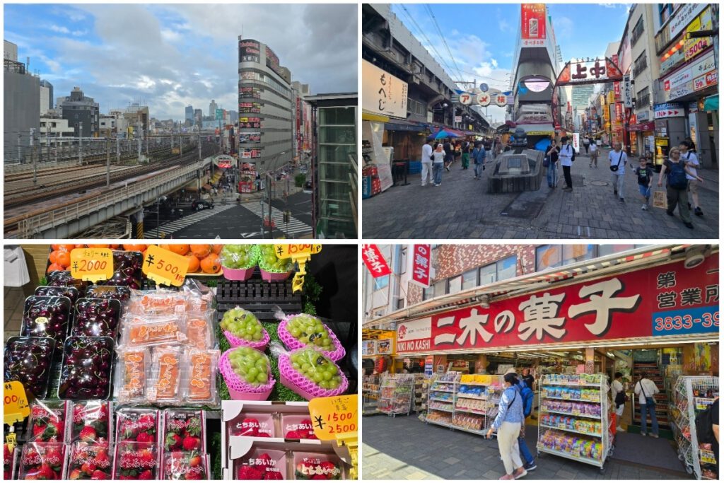 Ameyoko market area collage showing elevated train lines above the market, the busy covered street with shoppers, premium fruit stall with cherries and grapes, and Niki no Kashi confectionery store exterior.