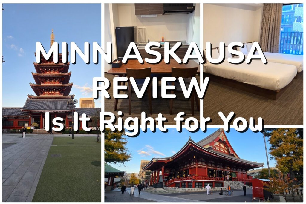 Minn Asakusa Review: Is It Right for You. Collage showing Senso-ji's five-storey pagoda, the apartment living and kitchen area, bedroom with desk, and Senso-ji main hall.