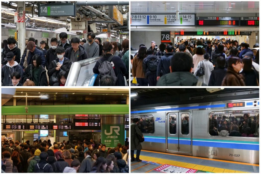 Shinjuku Station collage showing dense crowds on the Yamanote Line platform, packed concourse beneath multiple line departure boards, the JR East Shinjuku Station entrance sign, and a Saikyo Line train with standing-room-only passengers.