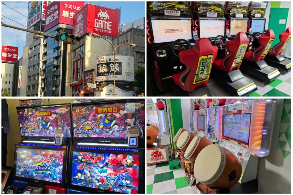 Taito Station arcade in Shinjuku collage showing racing simulators, fighting game cabinets, and taiko drum machines.