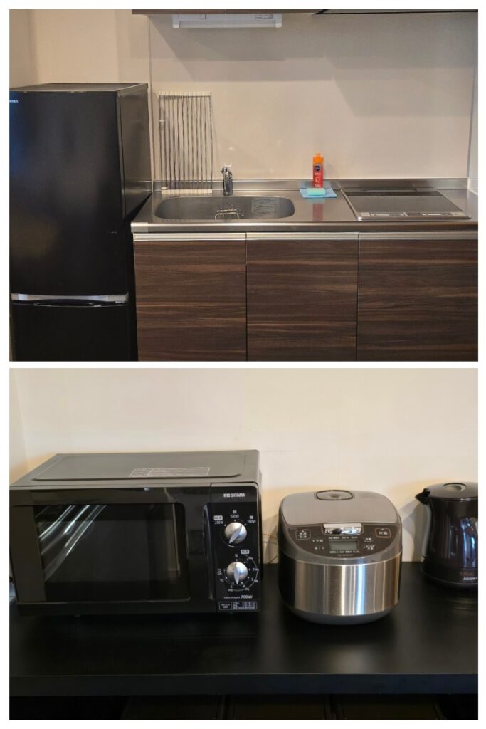 Minn Asakusa kitchen with full-size fridge, induction stove, sink, microwave, rice cooker, and electric kettle on a separate counter.