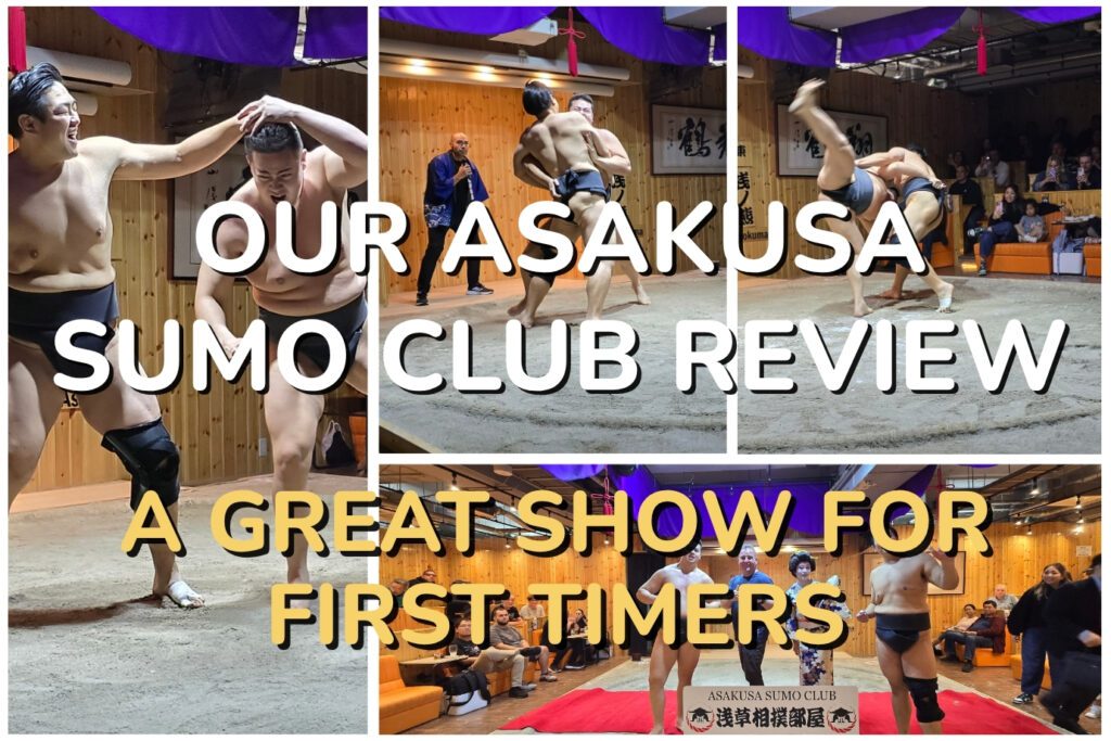 Asakusa Sumo Club review collage showing sumo bouts, throws, and a ringside photo with performers with text overlay.